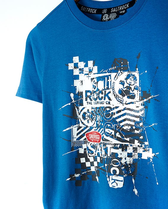 A Warp Mashup - Kids Short Sleeve T-Shirt - Blue with a checkered design featuring Saltrock branding.