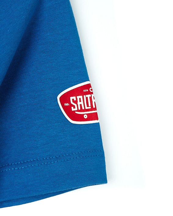A Saltrock crew neck Warp Mashup - Kids Short Sleeve T-Shirt - Blue with a red and white Tok graphics logo on it.