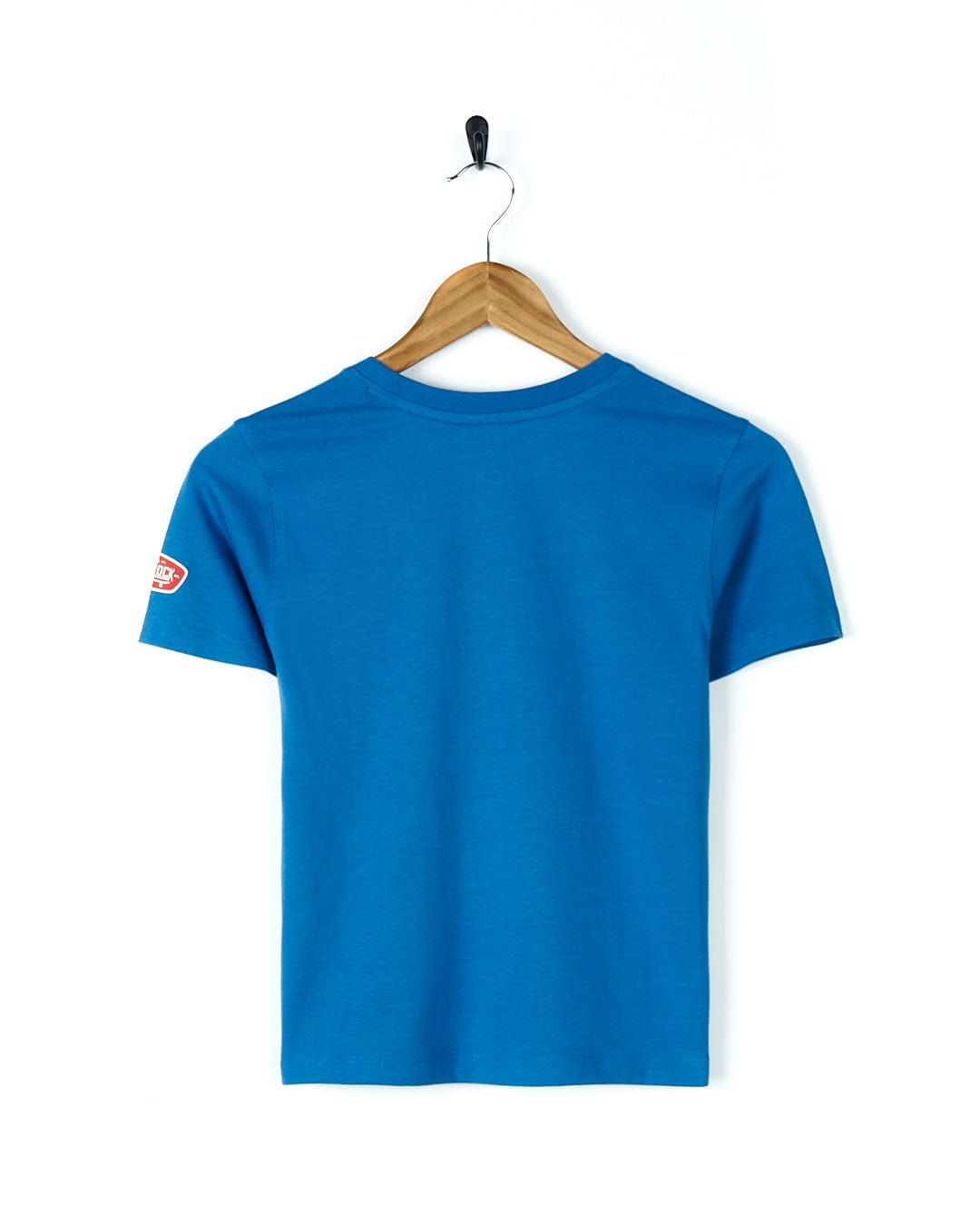 A Warp Mashup - Kids Short Sleeve T-Shirt - Blue with Saltrock branding hanging on a wooden hanger.