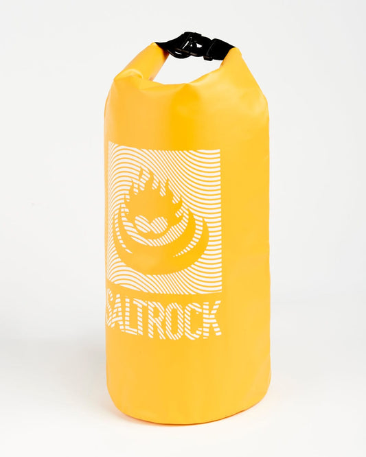 A durable yellow Saltrock Wave - 10L Drybag with the word Saltrock on it.
