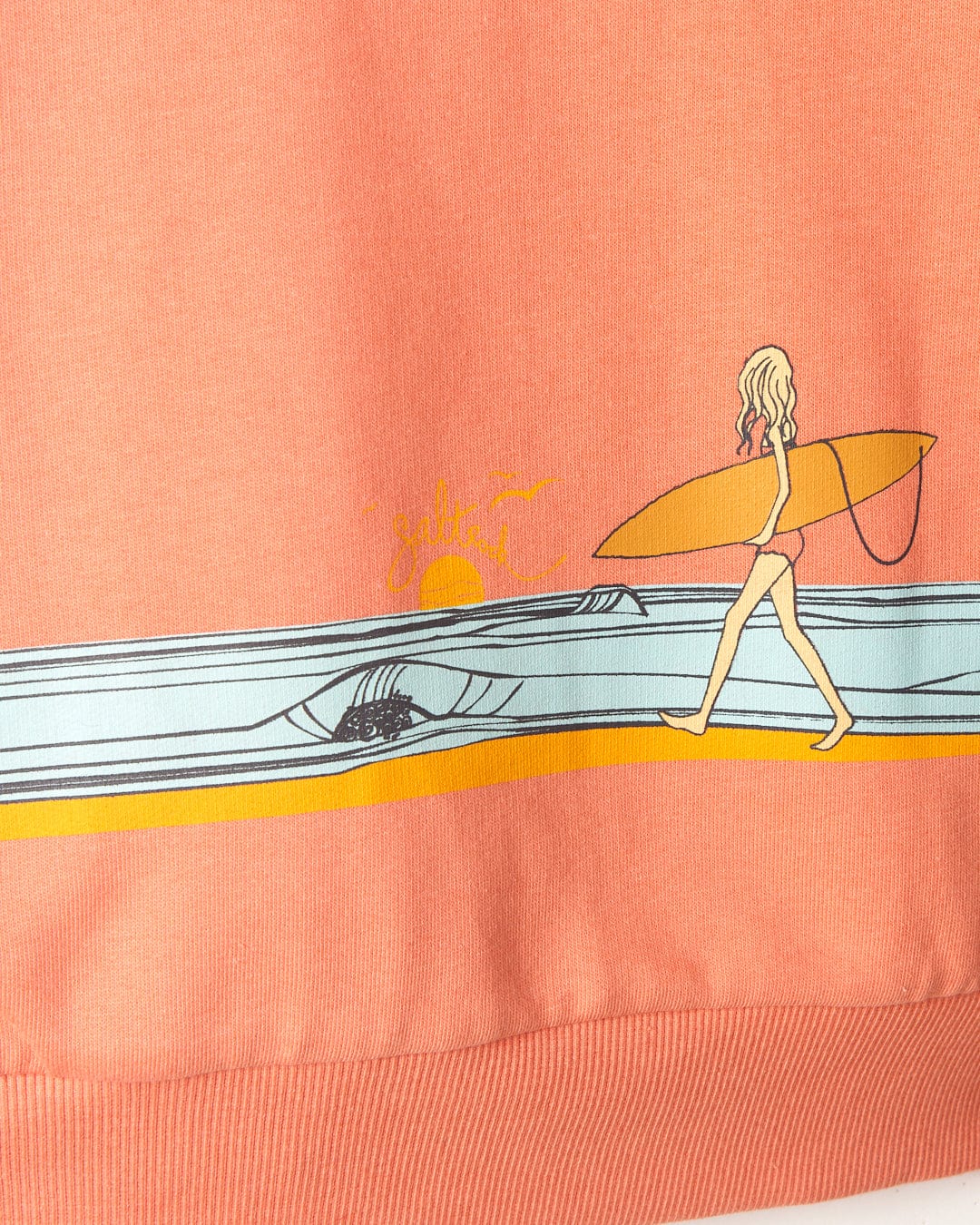 Graphic on a Waveline - Kids Borg Lined Zip Hoodie - Coral fabric depicting a woman carrying a surfboard, walking beside a stylized wave under a small sun, featuring Saltrock branding.