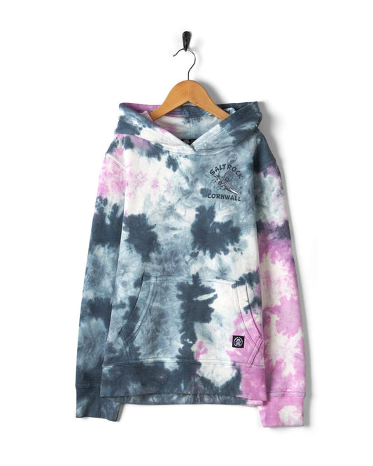 A girl's Wave Rider Cornwall - Kids Tie Dye Pop Hoodie in pink/grey featuring the Saltrock Running Man logo, hanging on a hanger.