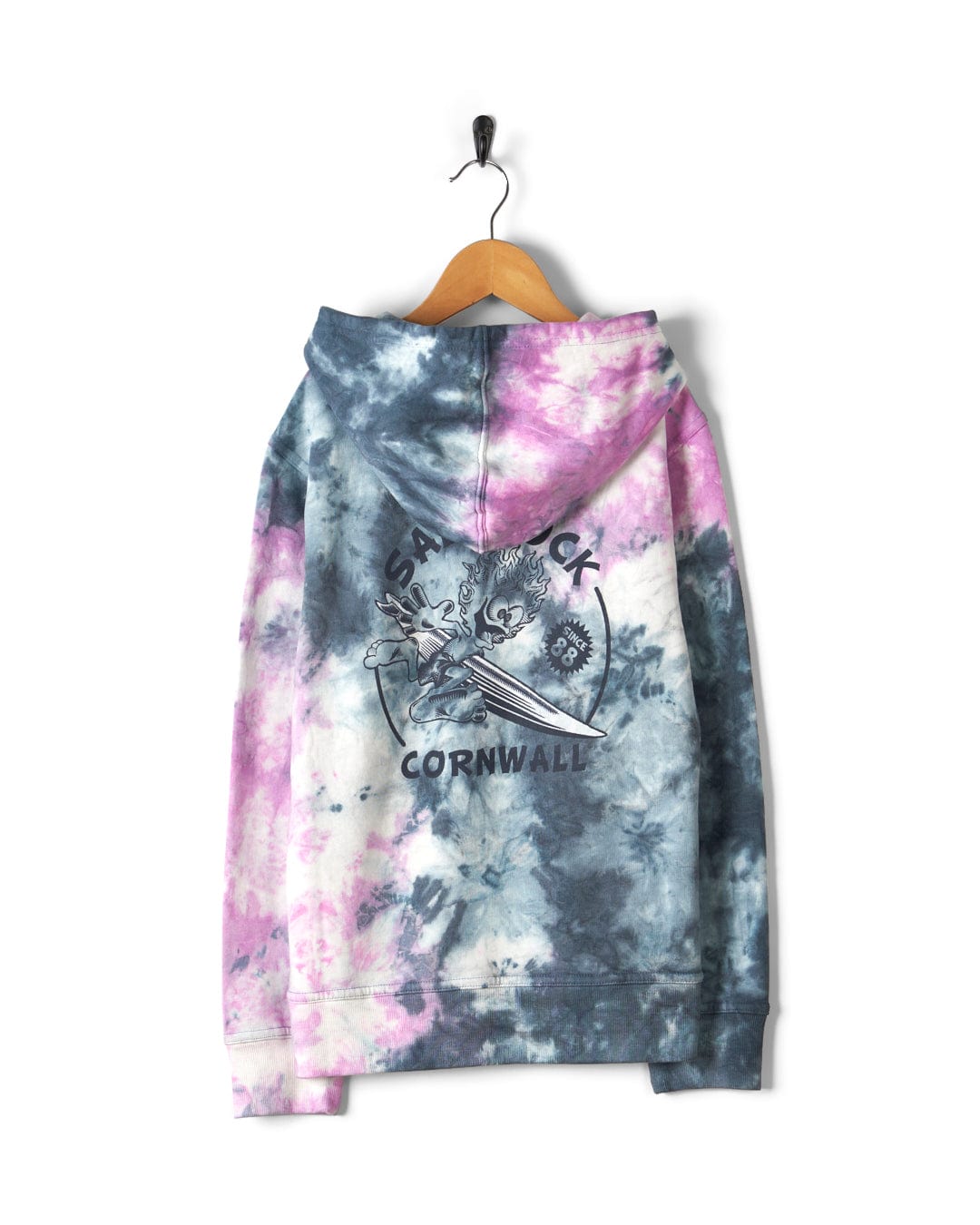 A cotton Wave Rider Cornwall - Kids Tie Dye Pop Hoodie in pink/grey with a pink and blue Saltrock Running Man design.
