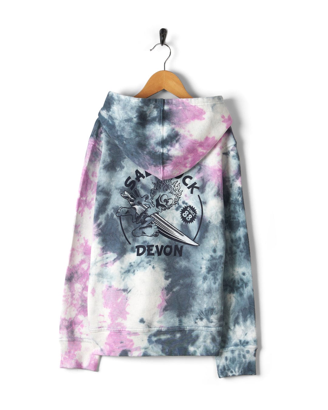 A Wave Rider Devon tie dye pop hoodie with the word devil on it, made of Cotton.