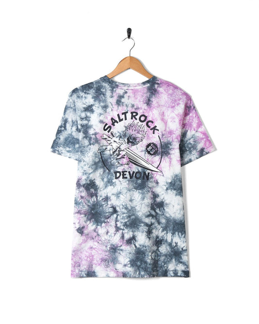 Sentence with replaced product: Wave Rider Devon - Mens Short Sleeve T-Shirt in Tie Dye Pink/Grey by Saltrock featuring the "Saltrock Running Man" graphic, hanging on a hanger against a white background.