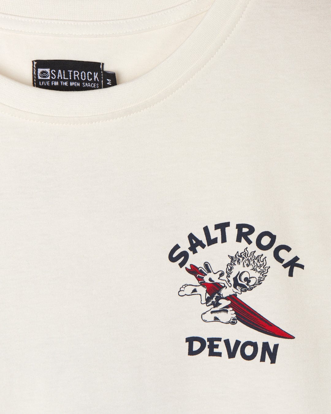 A Wave Rider Devon - Mens Short Sleeve T-Shirt - White with the brand name Saltrock on it.