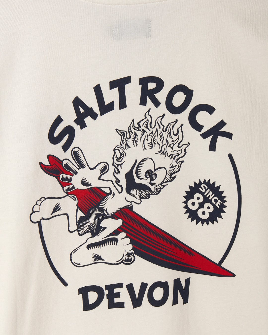 This Wave Rider Devon - Mens Short Sleeve T-Shirt - White features a "Ride The Waves" print, making it the perfect surf-inspired tee. Complete with the words "Salt Rock Devon", this shirt is a must.