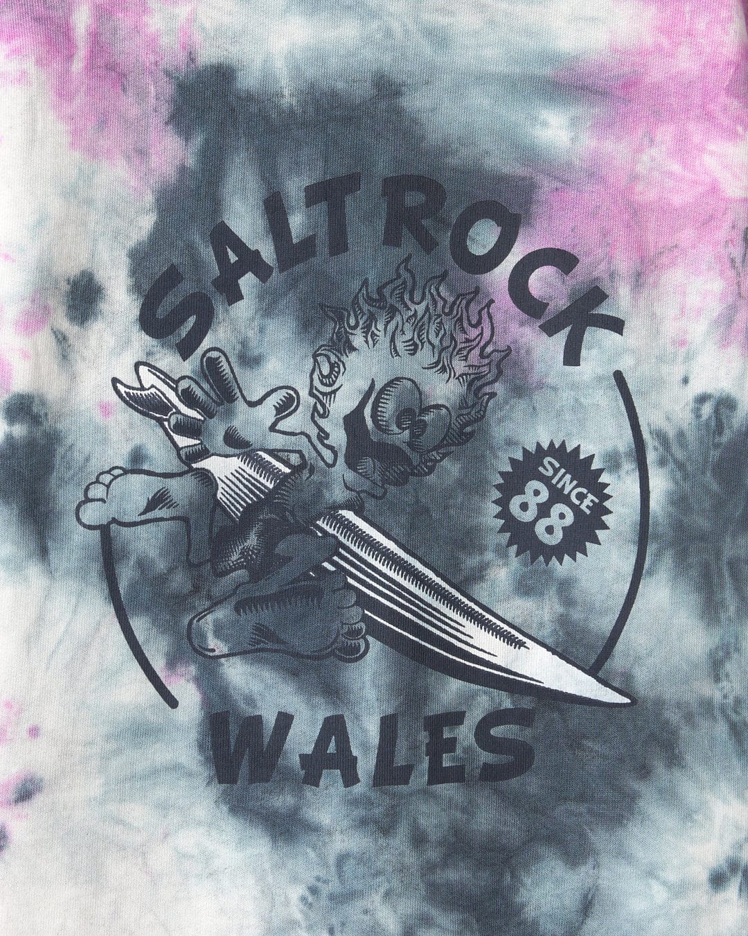 Saltrock Wave Rider Wales - Kids Tie Dye Pop Hoodie - Pink/Grey.