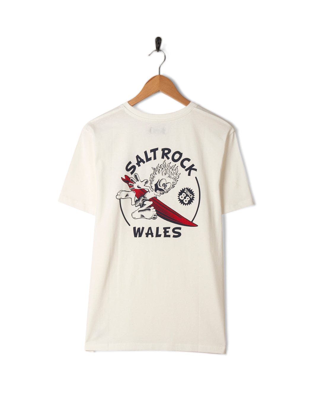 A Wave Rider Wales white t-shirt with the words Saltrock Wales on it.
