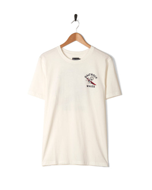 A Wave Rider Wales - Mens Short Sleeve T-Shirt in white with a graphic of a surfboard on it by Saltrock.