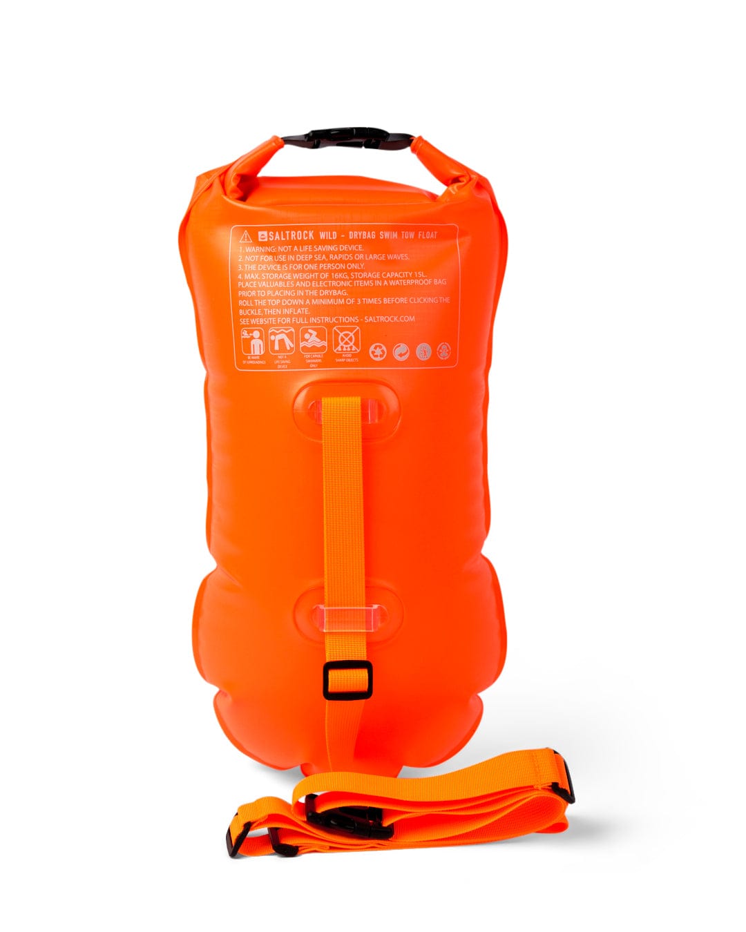 Bright orange Wild - Drybag/Inflatable Swim Tow Float designed for cold water swimming with shoulder strap isolated on white background.