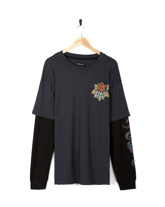 A Saltrock Wolfscale - Mens Double Layer Long Sleeve T-Shirt - Black with an embroidered sleeve.
