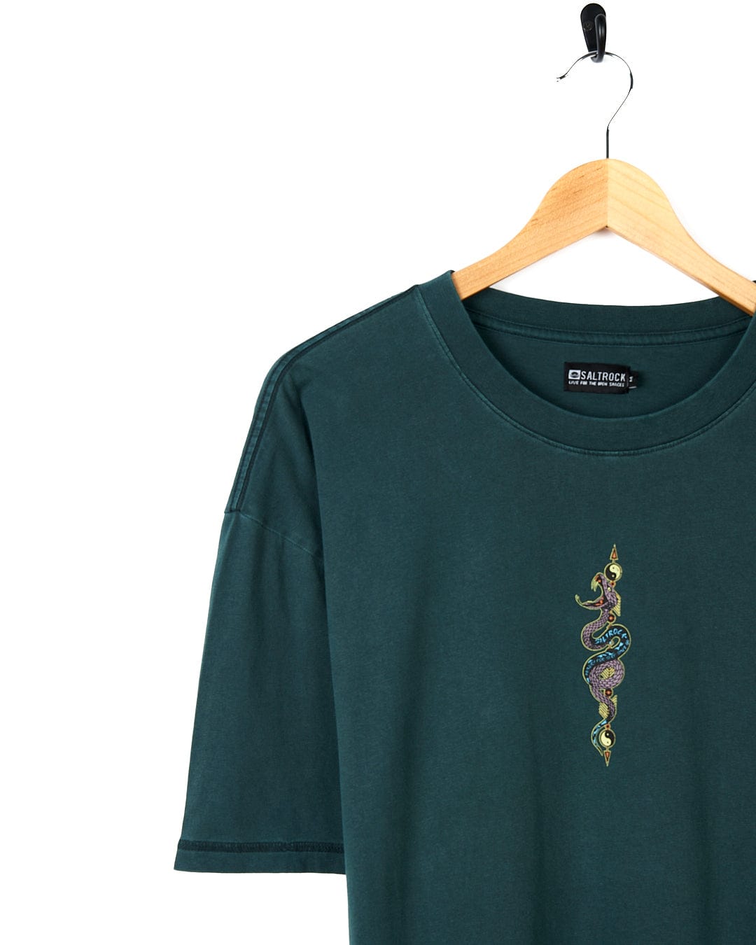A Saltrock - Wolfscale Mens Short Sleeve T-Shirt in Dark Green with a snake graphic embroidered on it.