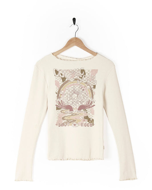 A Saltrock Cosmic Soul - Ribbed Long Sleeve T-Shirt - Cream with an image of a flower.
