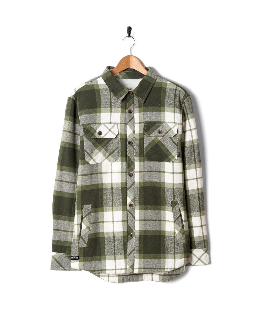 A Woody - Mens Borg Lined Shacket - Green Check shirt hanging on a hanger.