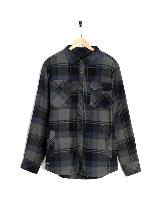 A Woody - Mens Sherpa Lined Shacket - Grey from Saltrock with versatile styling options hanging on a hanger.