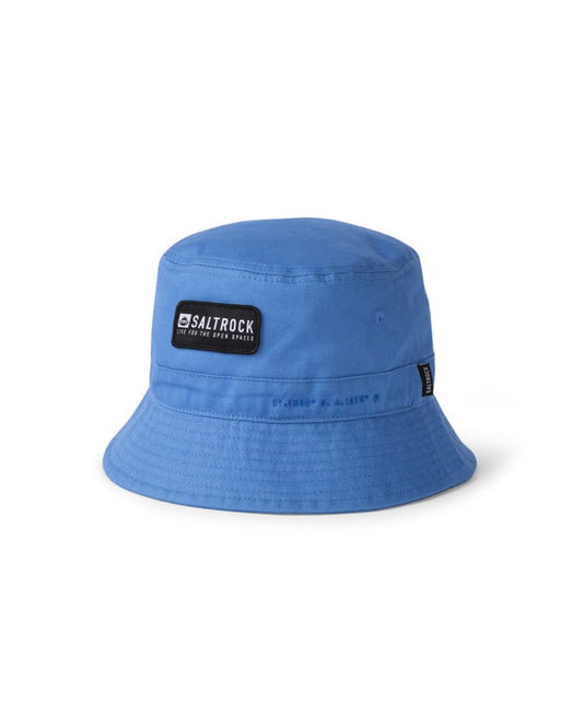 Blue bucket hat with Saltrock logo on a white background