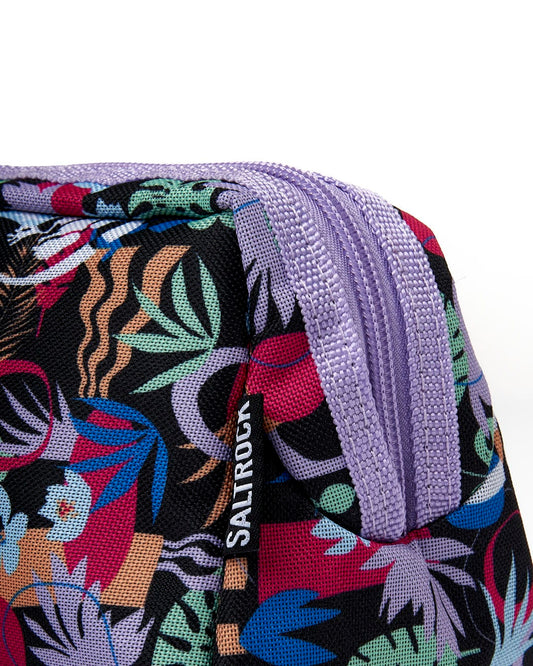 A purple and black Zephyr - Pencil Case - Black cosmetic bag with a tropical print by Saltrock.