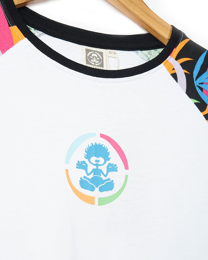 A Zephyr Tok - Kids Raglan Long Sleeve T-Shirt - White with a colorful logo on it. (Brand: Saltrock)