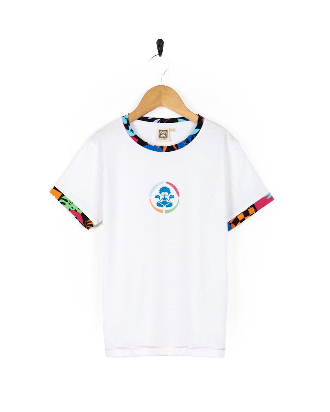 A Zephyr Tok - Kids Ringer Tee - White with a colorful logo on it.