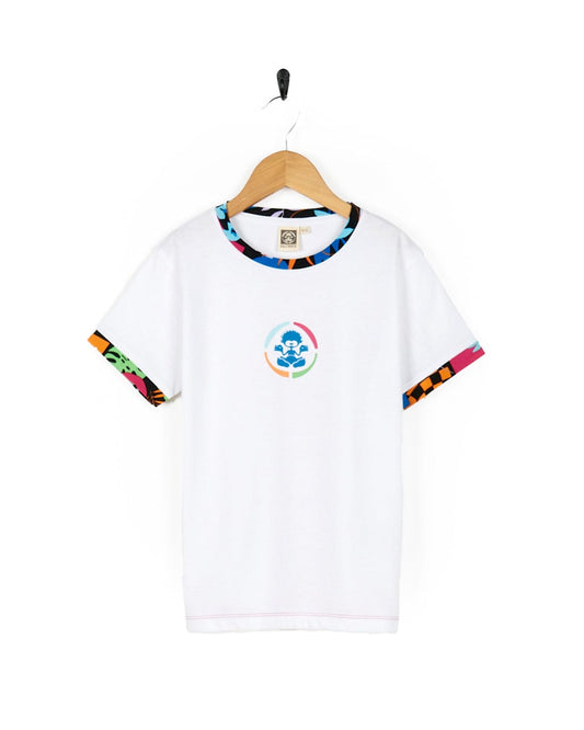 A Zephyr Tok - Kids Ringer Tee - White with a colorful logo on it.