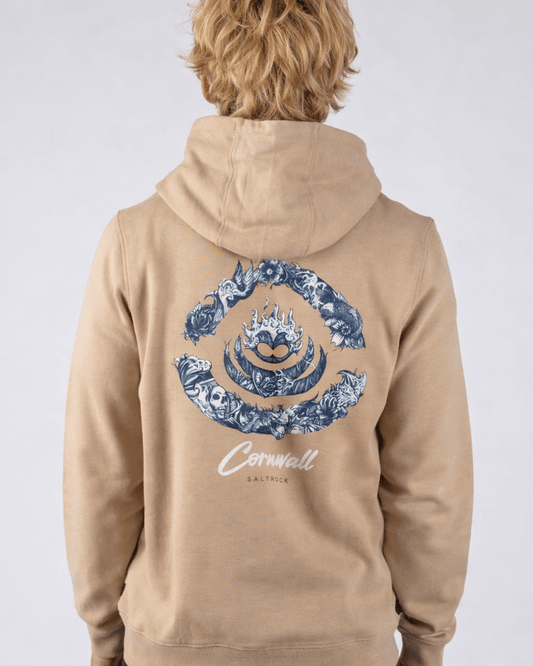 Deep Sea Flame Cornwall Mens Pop Hoodie in Beige