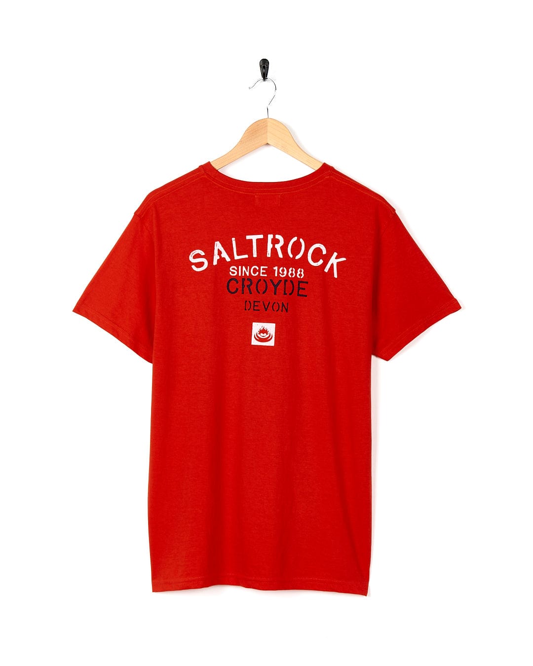 A Stencil - Mens Location T-Shirt - Croyde - Red with the brand Saltrock on it.