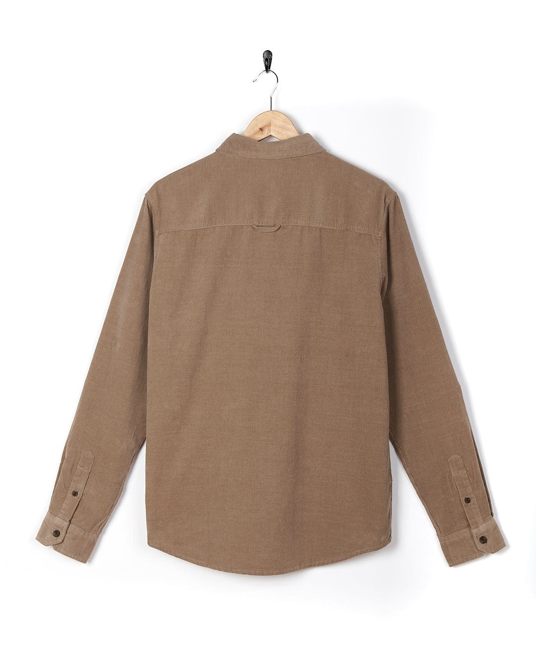 A Saltrock - Ace Men Corduroy Shirt - Light Brown hanging on a hanger.
