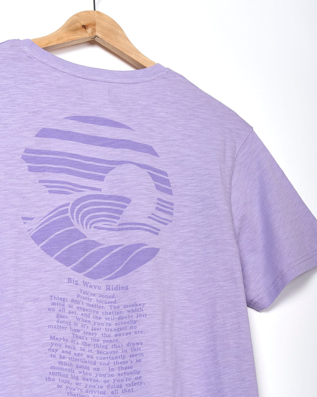 The back of a Saltrock - Atlantic Mens Short Sleeve T-Shirt - Purple with a wave on it.
