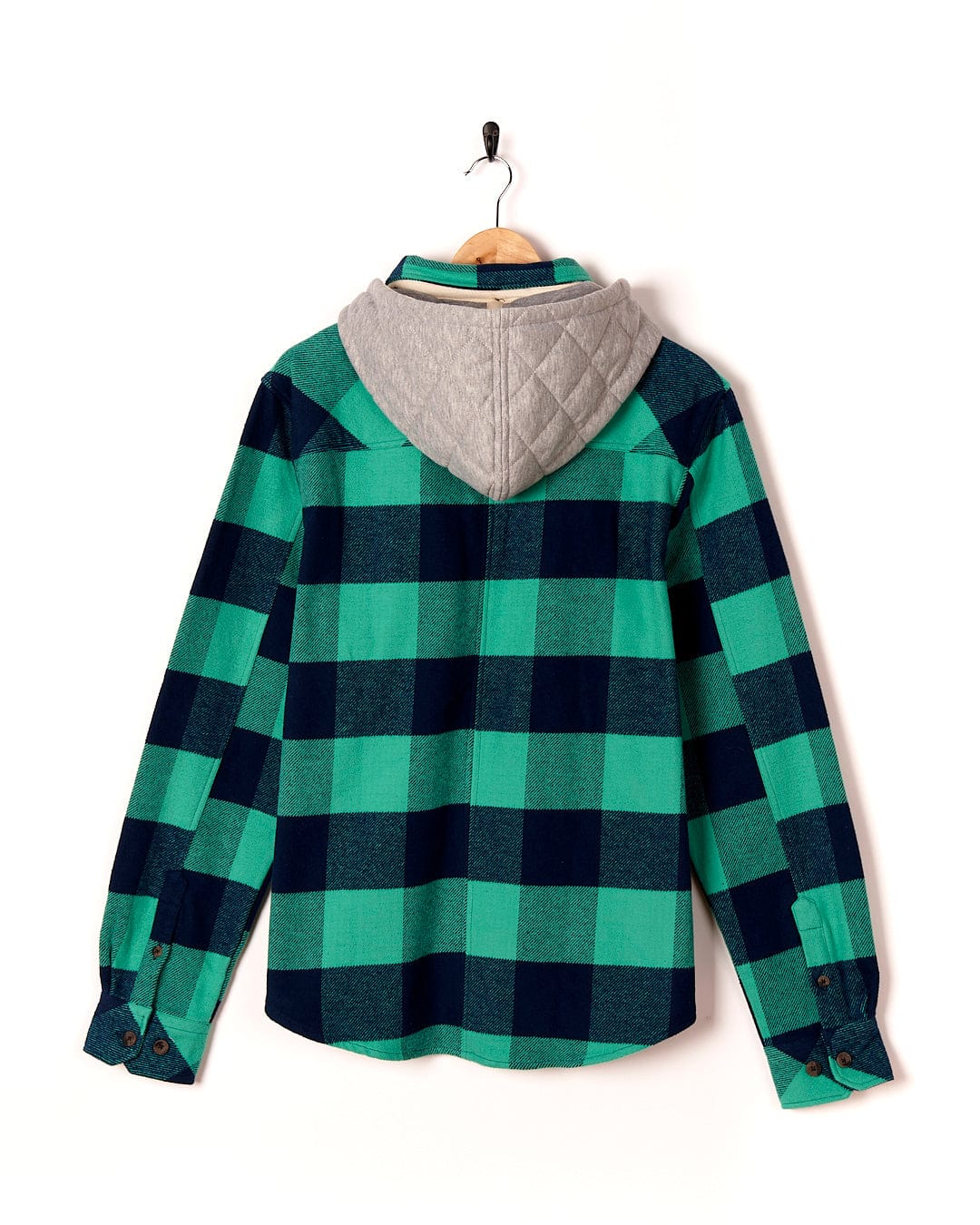 A Saltrock Beale - Mens Heavy Weight Hooded Shirt - Dark Green hanging on a hanger.
