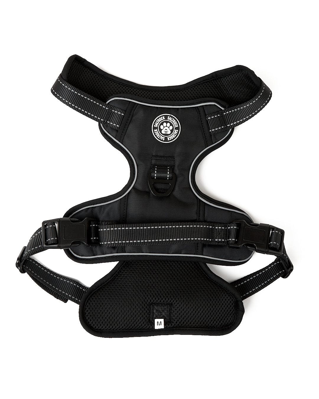 A Saltrock branded black and white pet harness with adjustable straps.