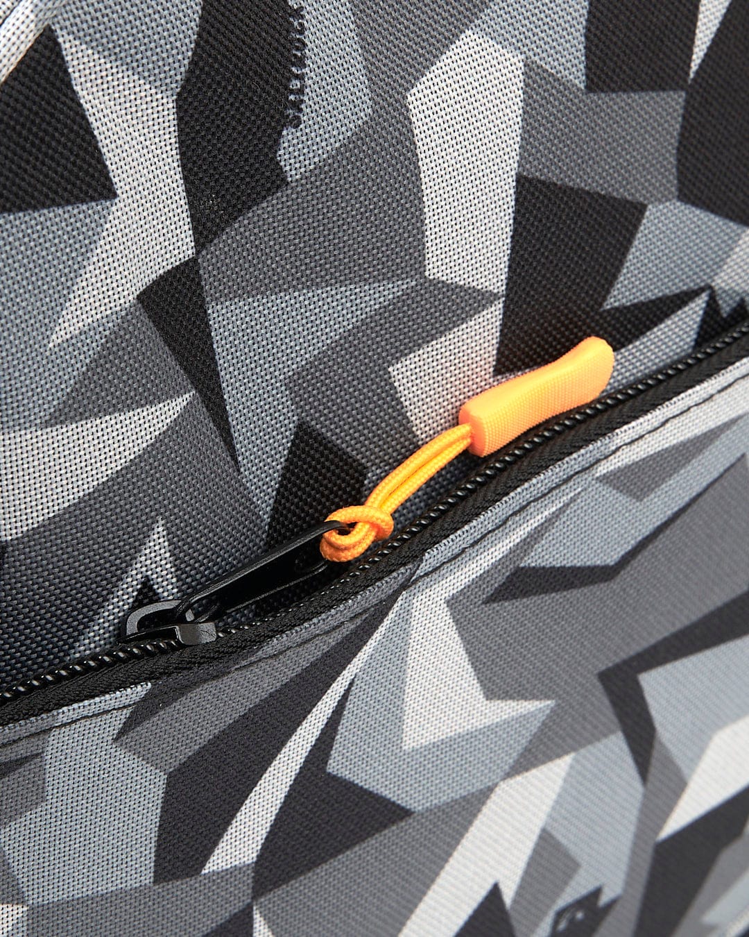 The zipper of a Saltrock Camo Balboa - Hold-All Bag - Dark Grey with a camouflage pattern.