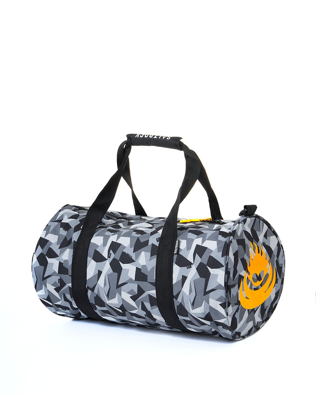 A grey and yellow duffel bag with an orange logo.