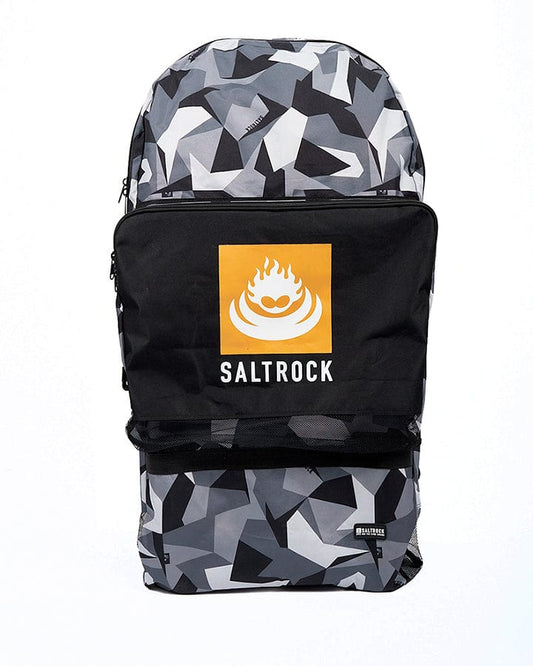 A backpack with the Saltrock Camo Core - Double Bodyboard Bag - DARK GREY logo on it.