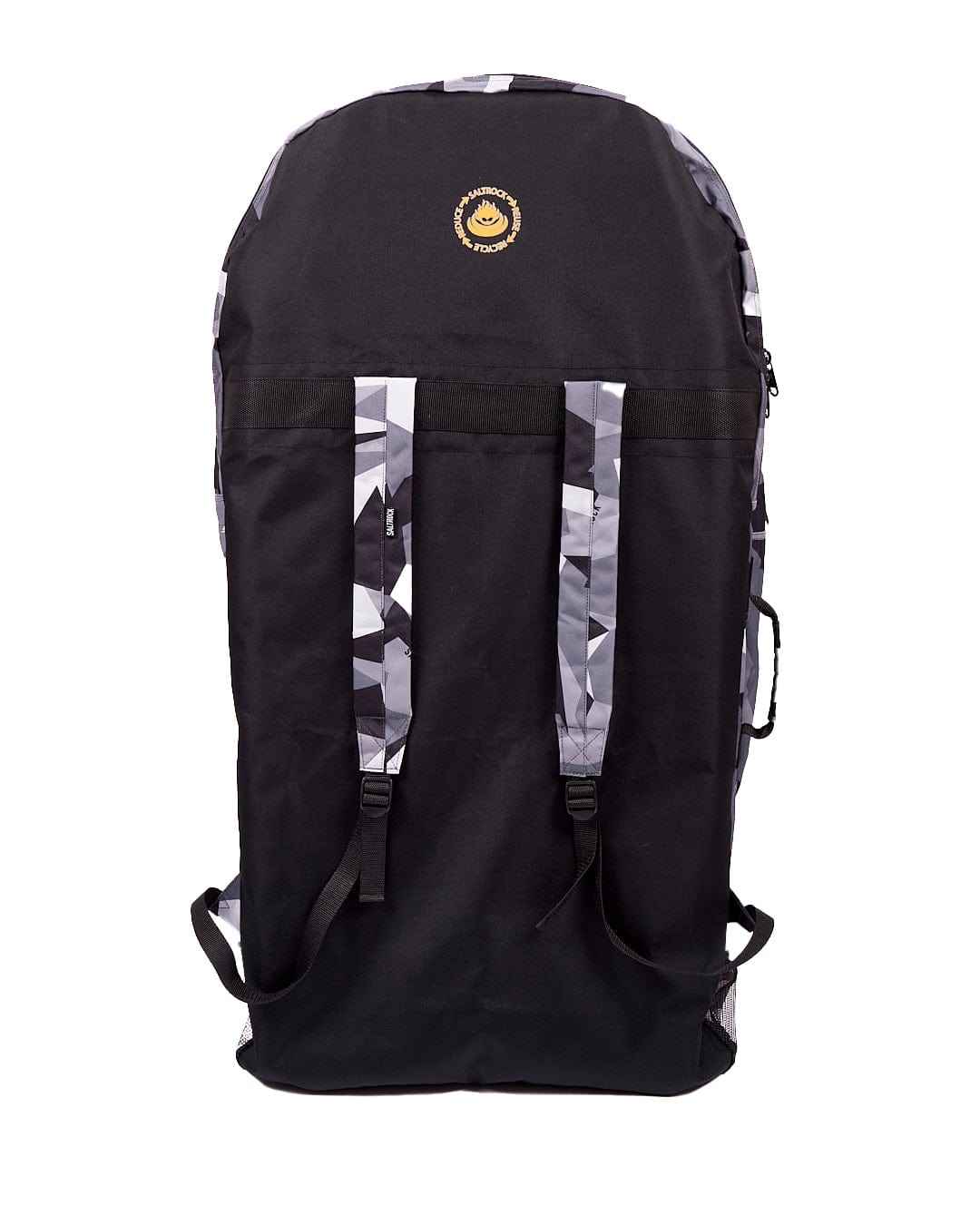A black and white backpack with a camouflage pattern. This Camo Core - Double Bodyboard Bag - Dark Grey features adjustable padded straps for added comfort.