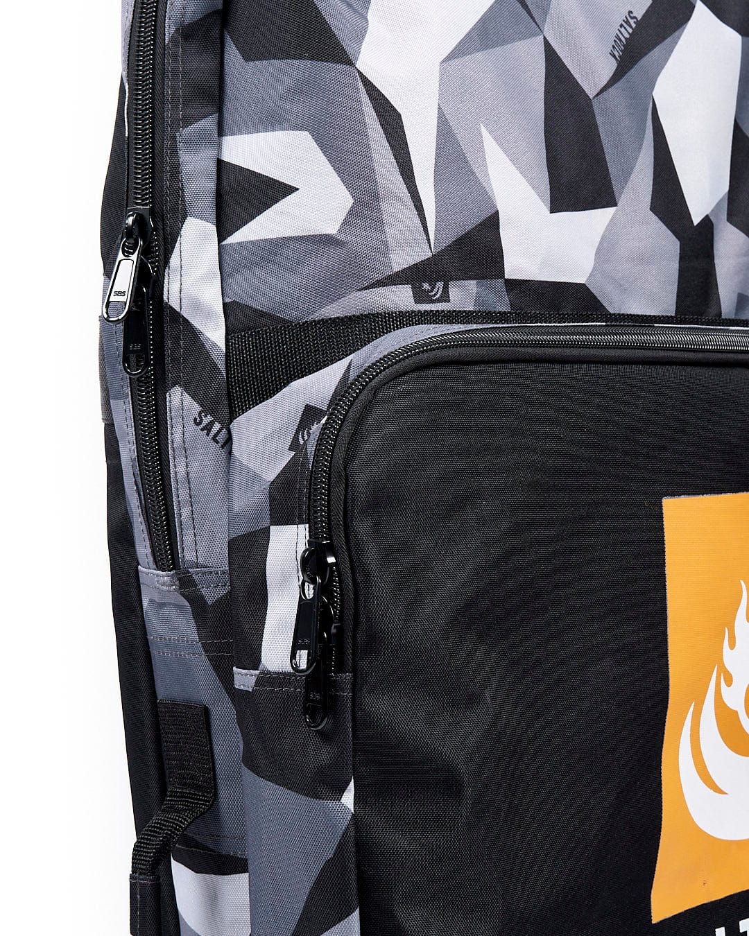 A Saltrock Camo Core - Double Bodyboard Bag - DARK GREY backpack with a camouflage pattern.