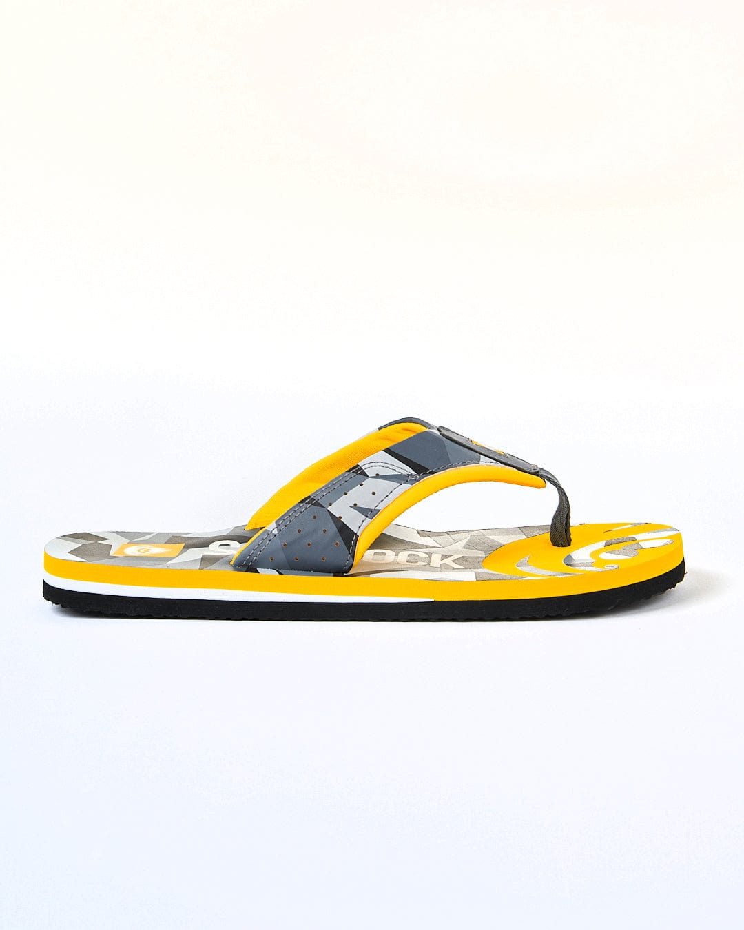 A pair of yellow and dark grey Camo Corp flip flops with Saltrock branding on a white background.