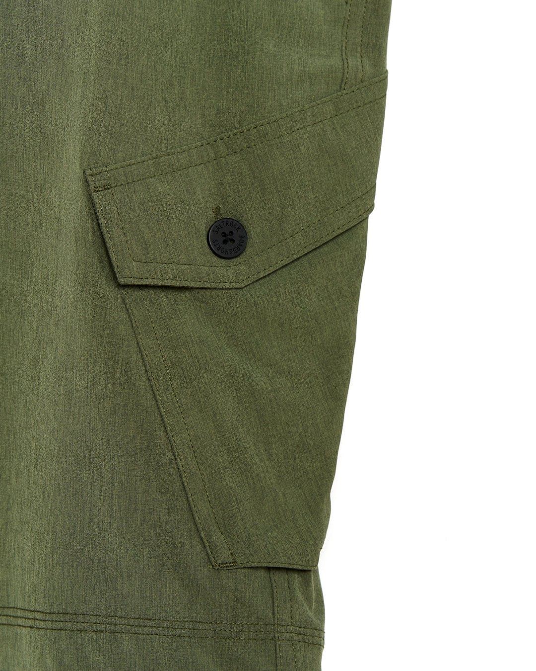 A pair of Saltrock's Cargo Amphibian II - Mens Boardshort - Dark Green with a pocket on the side.
