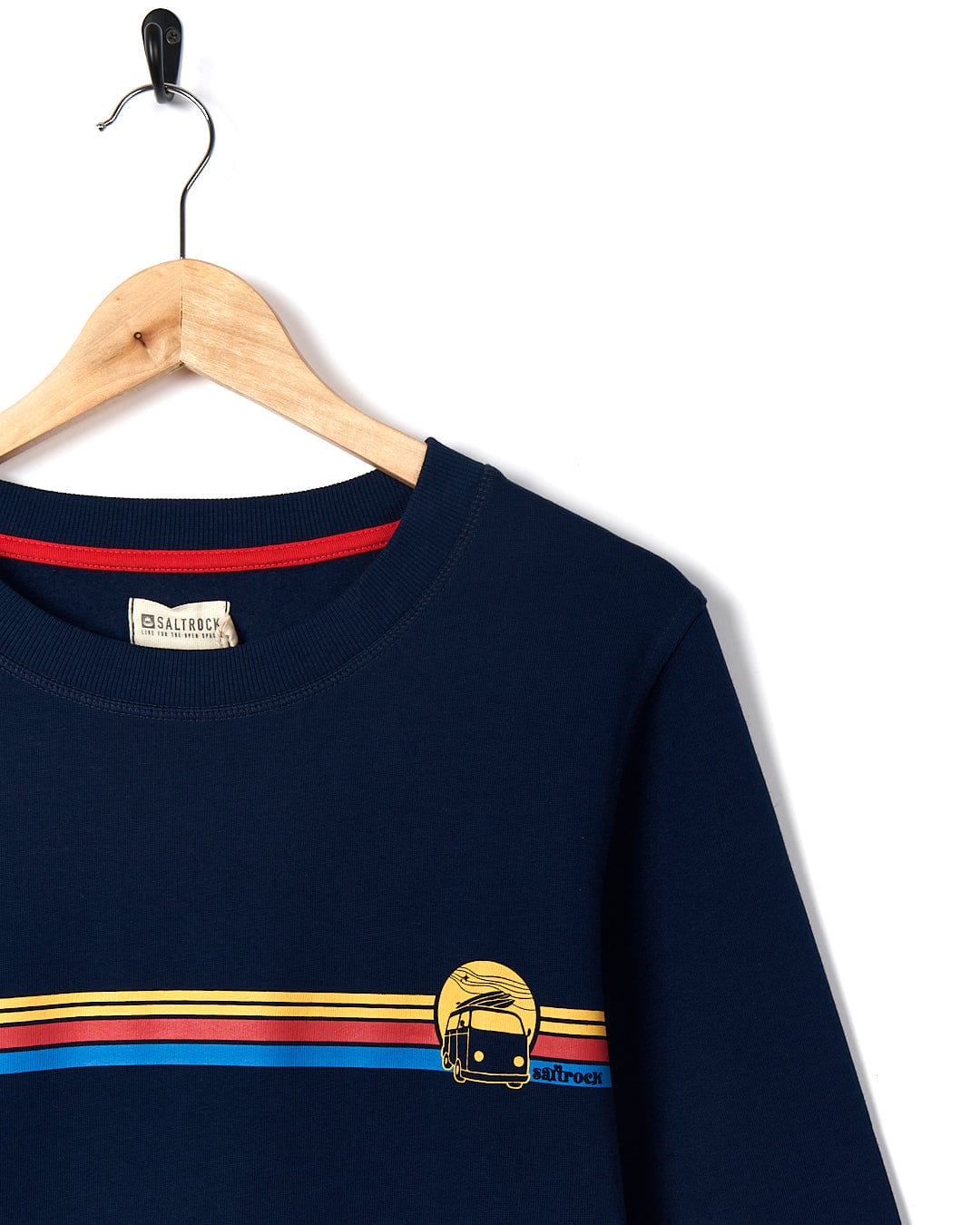 A Saltrock Celeste Stripe - Womens Crew Sweat - Blue with a yellow, blue and red stripe.
