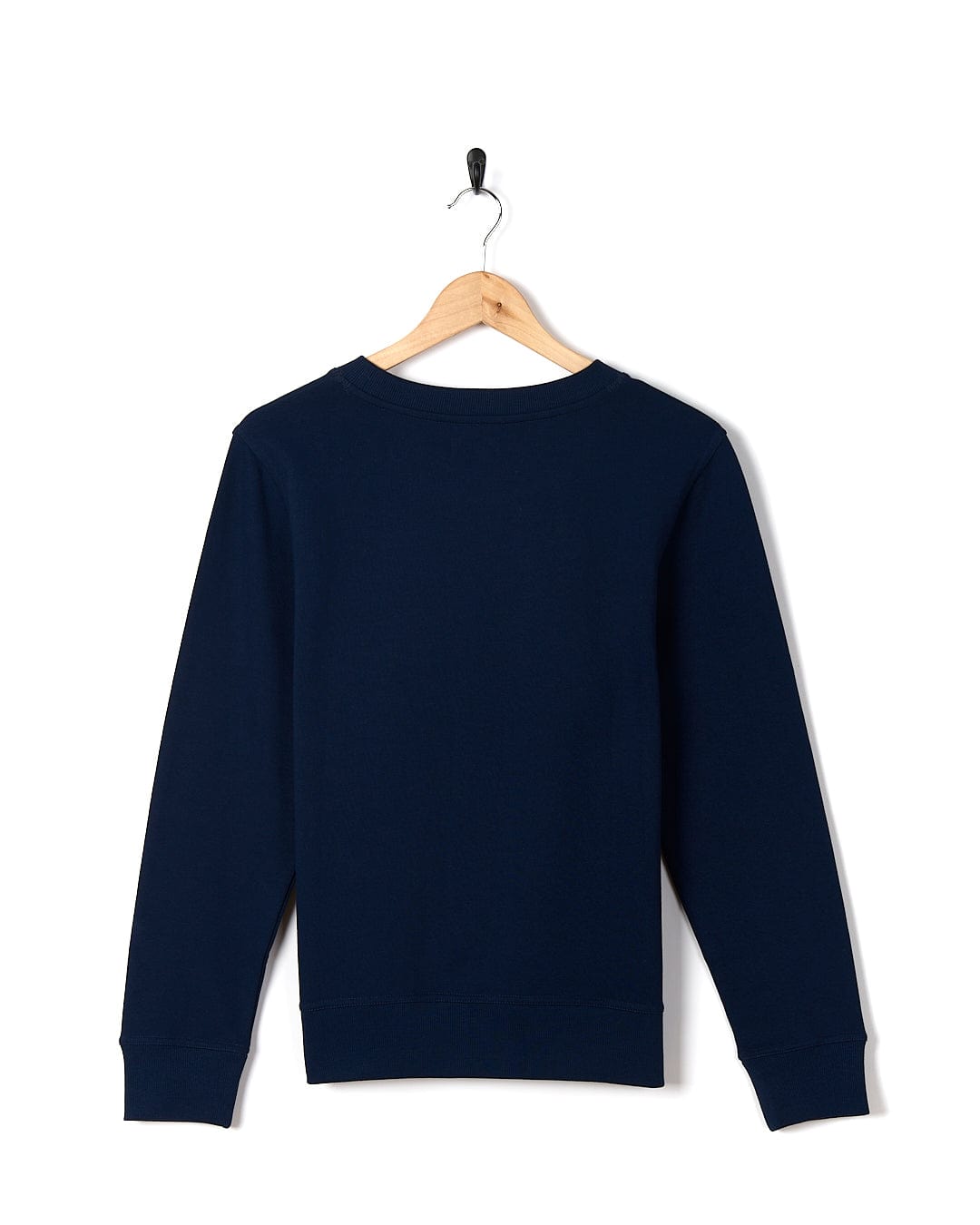 A Celeste Stripe - Womens Crew Sweat - Blue sweatshirt hanging on a hanger. (Saltrock)