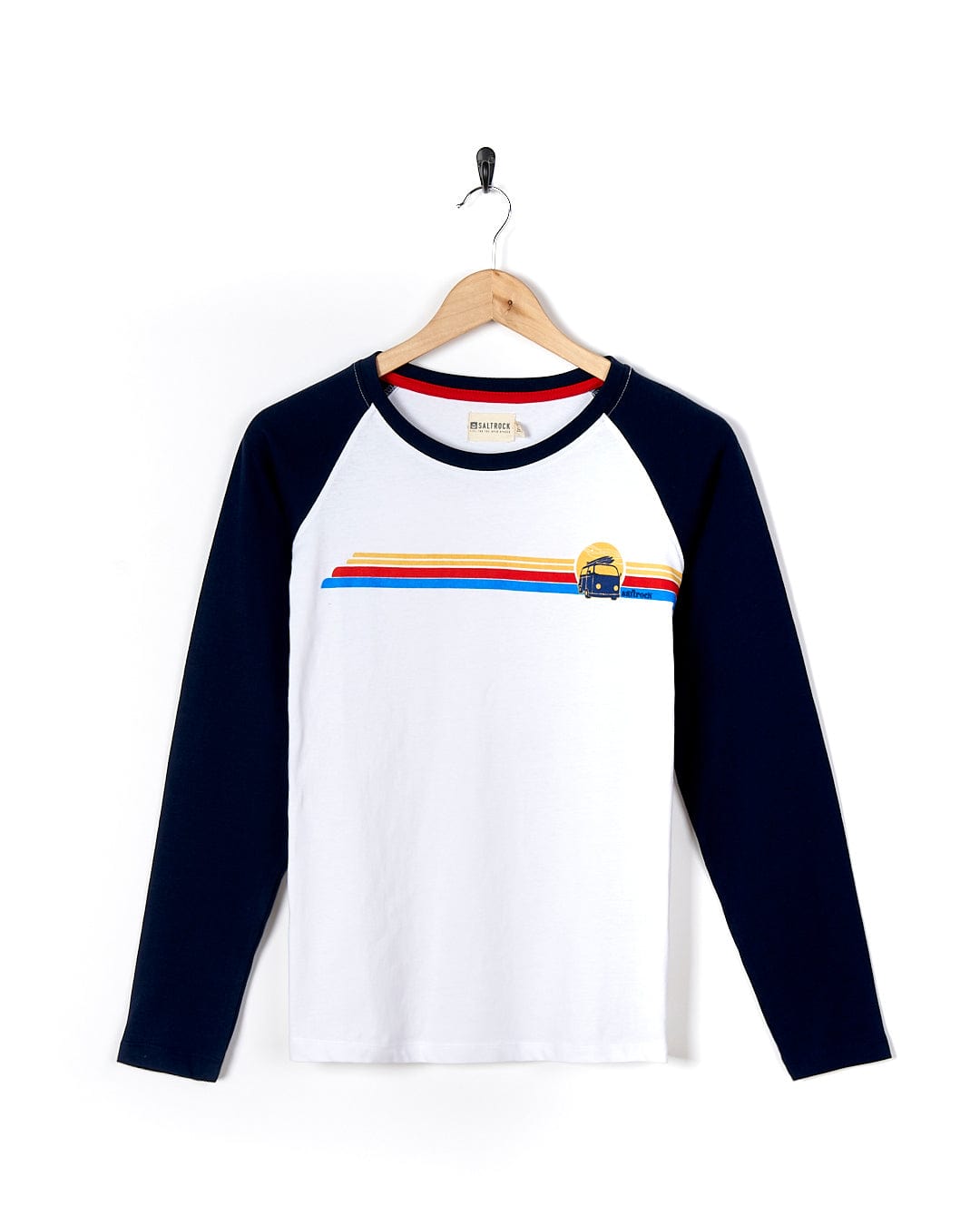 A Saltrock Celeste Stripe - Womens Long Sleeve Raglan T-Shirt in White/navy with a rainbow stripe on it.