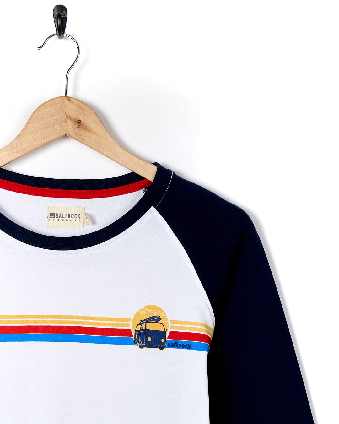 A Saltrock Celeste Stripe - Womens Long Sleeve Raglan T-Shirt - White/navy with a yellow, blue and red stripe.