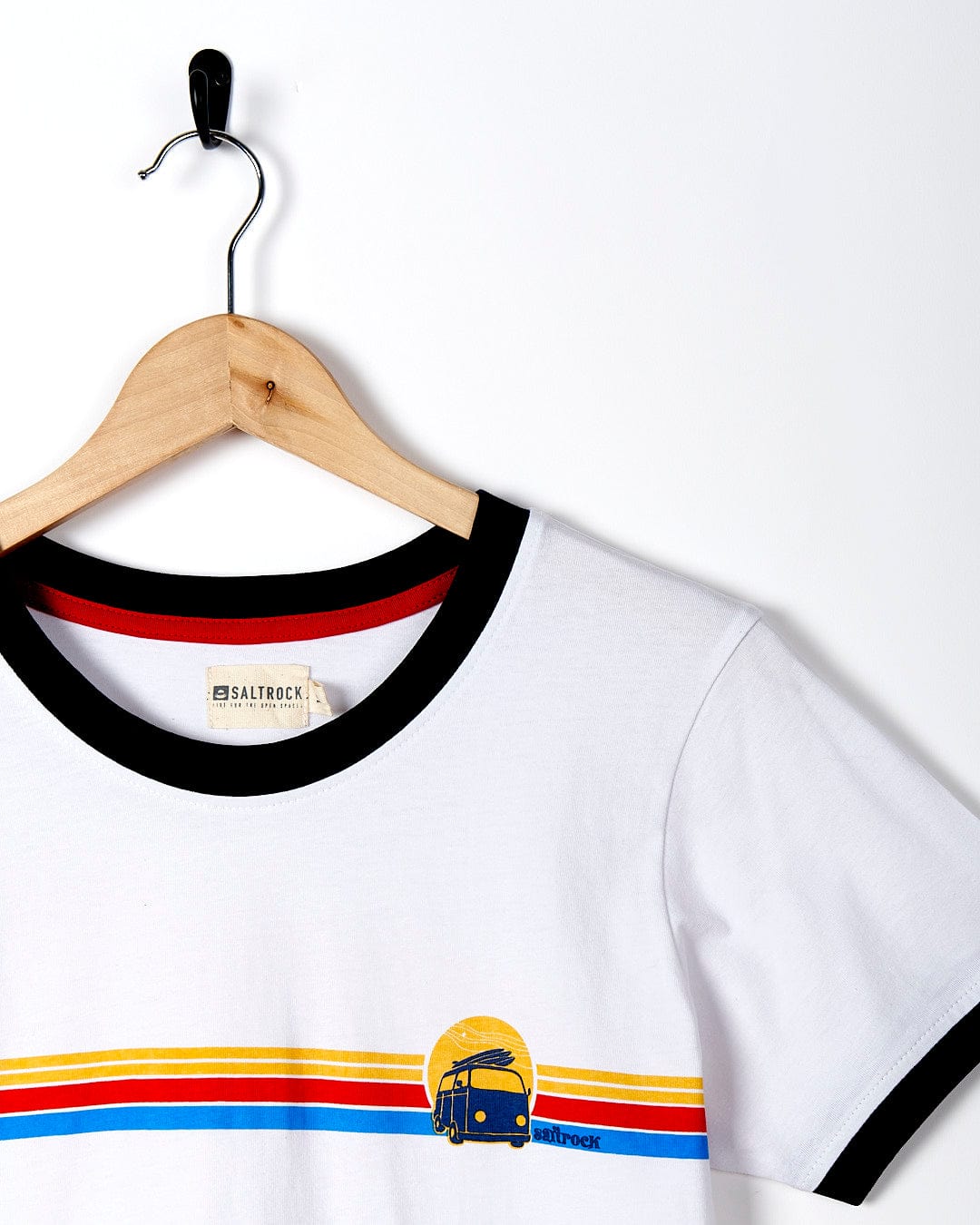 A Celeste Stripe - Womens Ringer Tee - White from Saltrock with a yellow and red design on a white shirt.