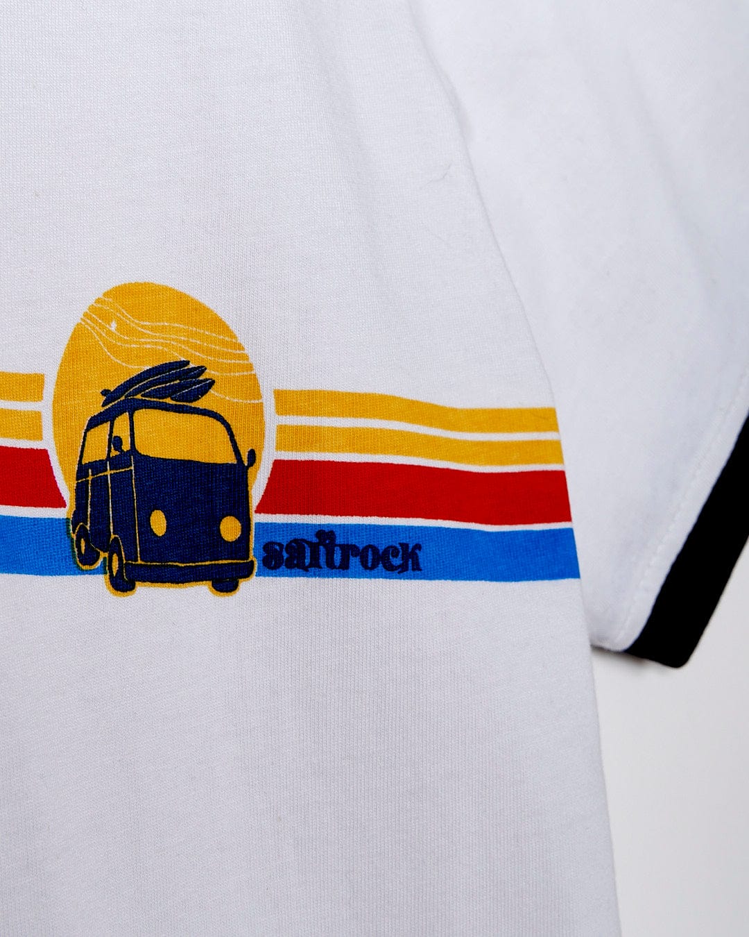A Celeste Stripe - Womens Ringer Tee - White by Saltrock with a surf truck on it.
