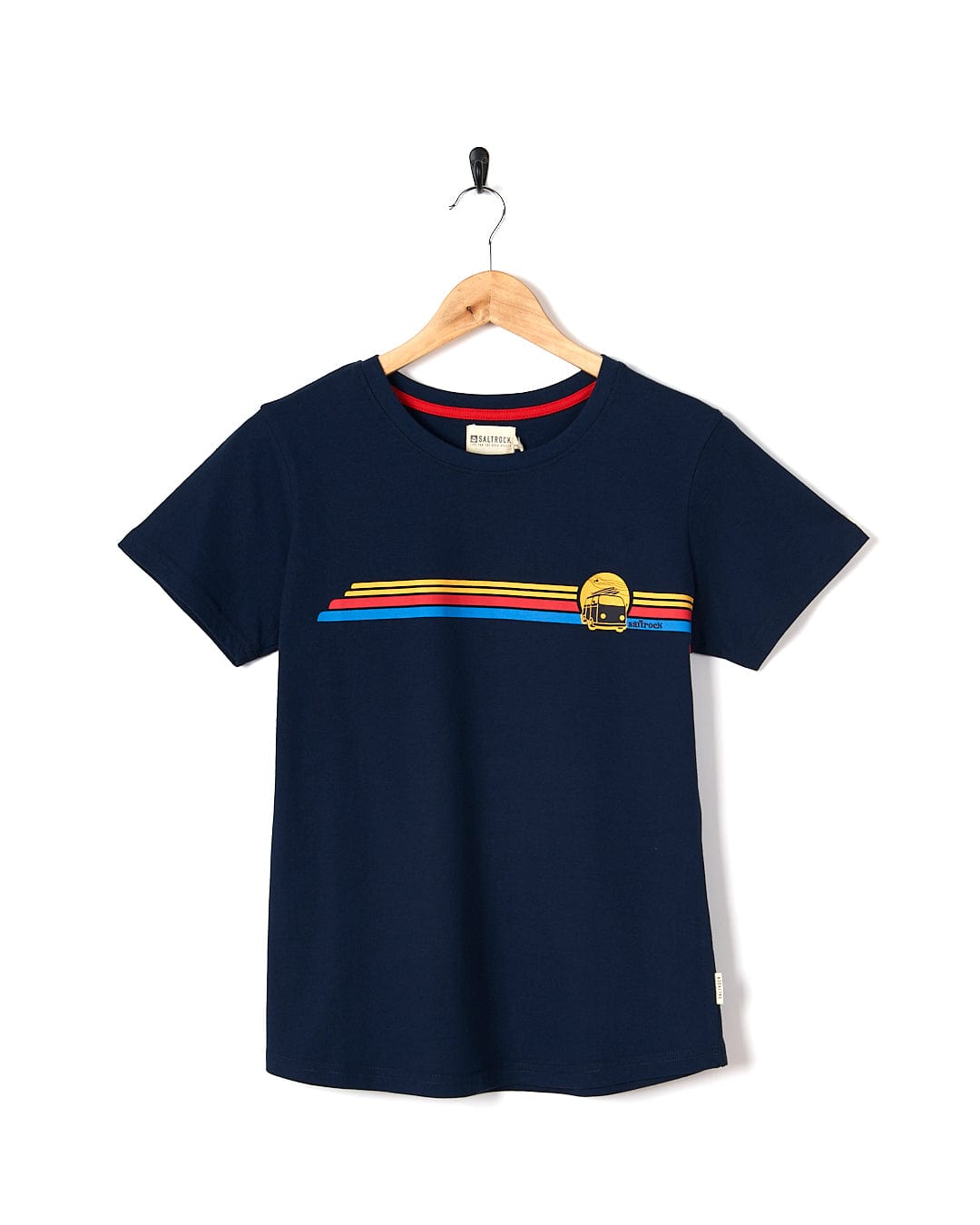 A Saltrock Celeste Stripe - Womens Short Sleeve T-Shirt - Blue with a rainbow stripe on it.