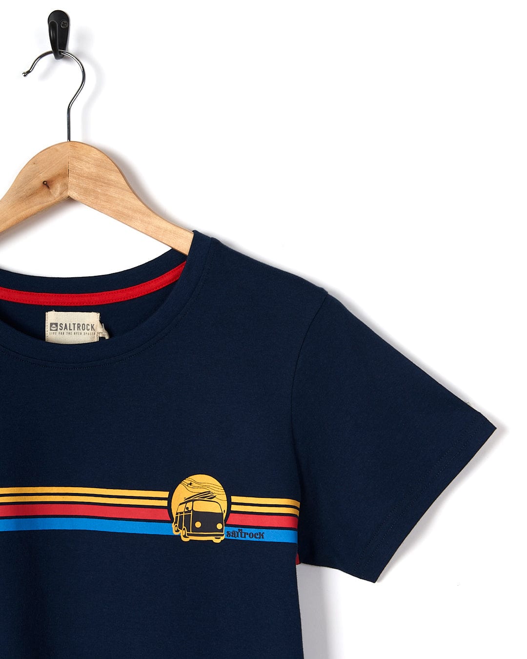 A Saltrock Celeste Stripe - Womens Short Sleeve T-Shirt - Blue with a yellow, blue and red stripe.