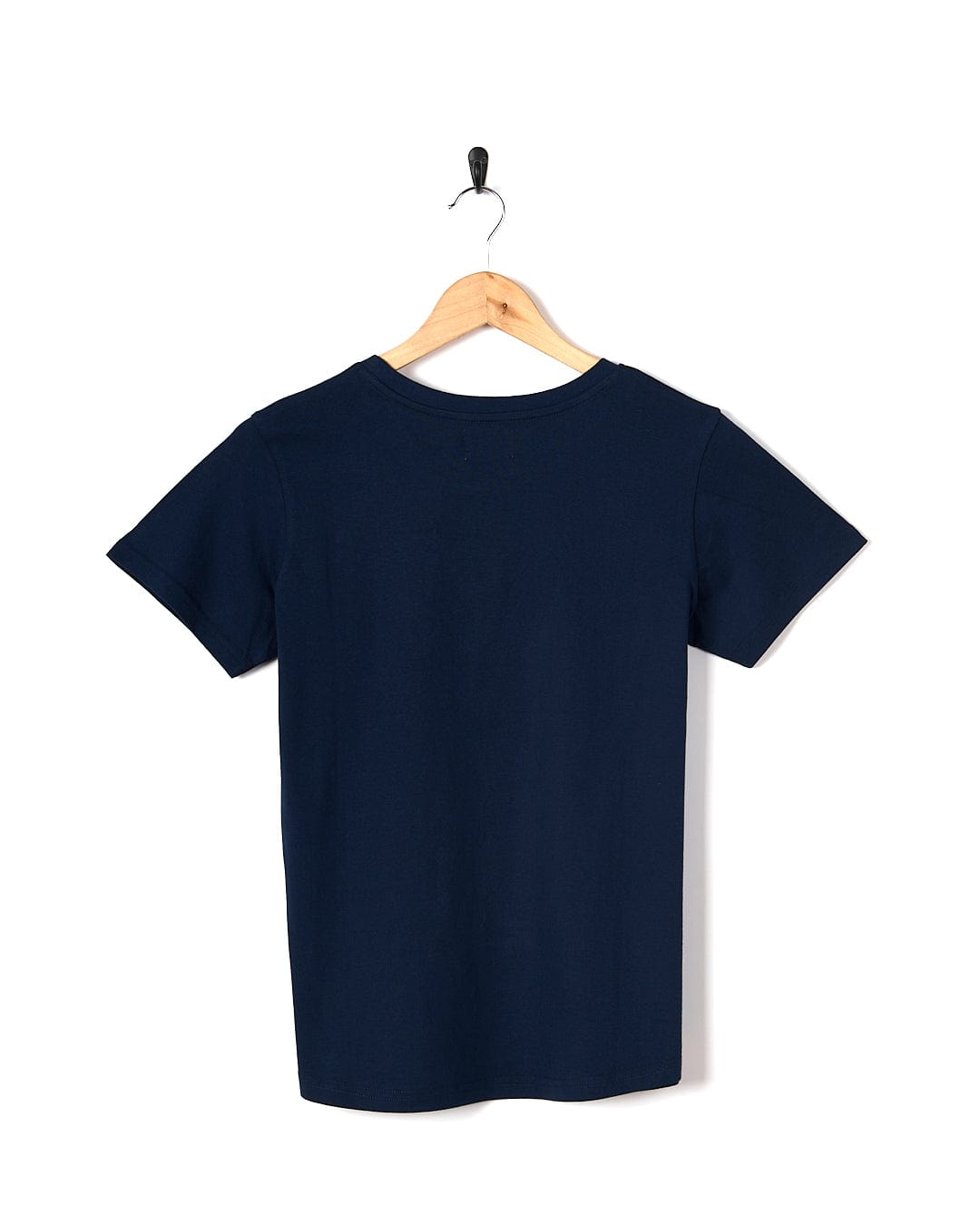 A navy Celeste Stripe - Womens Short Sleeve T-Shirt - Blue hanging on a wooden hanger. (Brand: Saltrock)