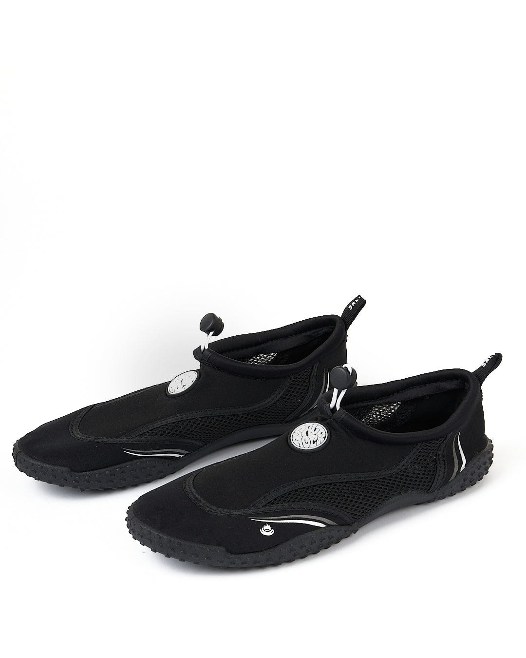 A pair of black Saltrock Core Aqua Shoes with adjustable drawstring closures and a white logo on the side, displayed against a white background.