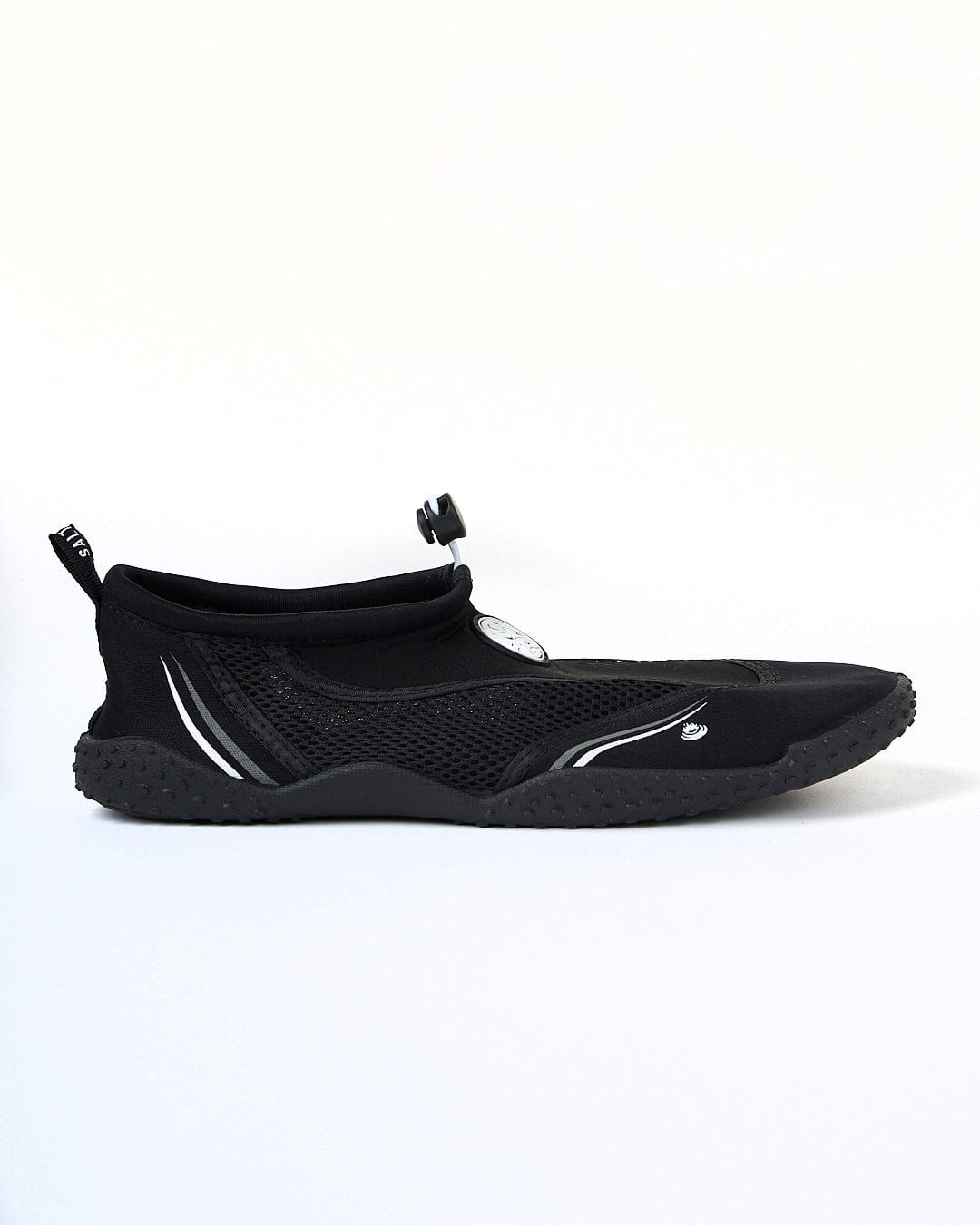 A black Saltrock Core Aqua Shoe with a white logo on the side, featuring a drawstring closure and a textured sole for added protection.