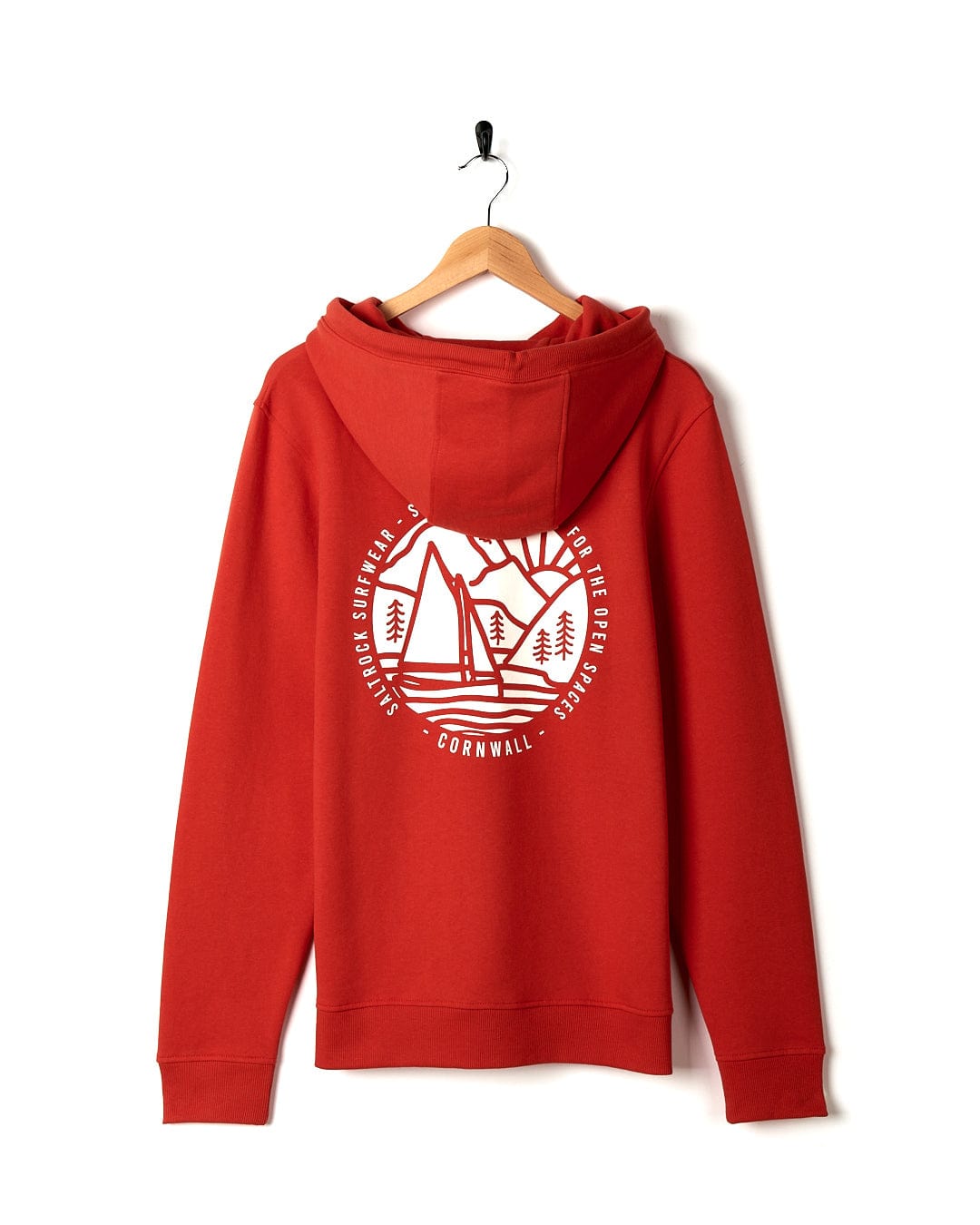 A Cornwall Sailaway - Mens Pop Hoodie - Red with a Saltrock logo on it.